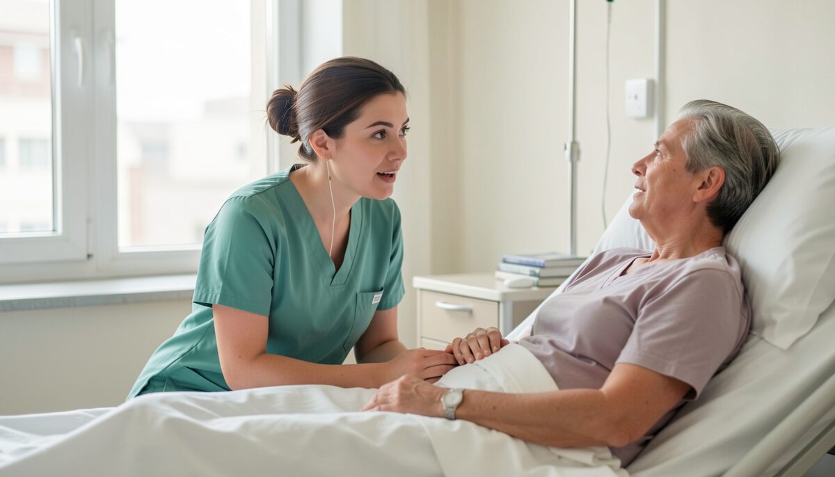 Une soignante assise à hauteur de lit, écoutant attentivement un patient qui parle, dans une chambre d'hôpital claire.