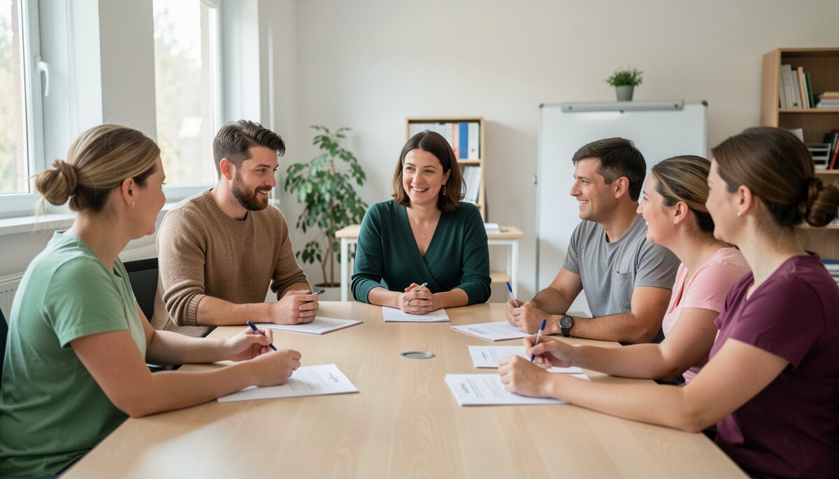 Une formatrice assise en cercle avec six soignant-e-s, échangeant autour de fiches pratiques posées sur une table de salle de formation.